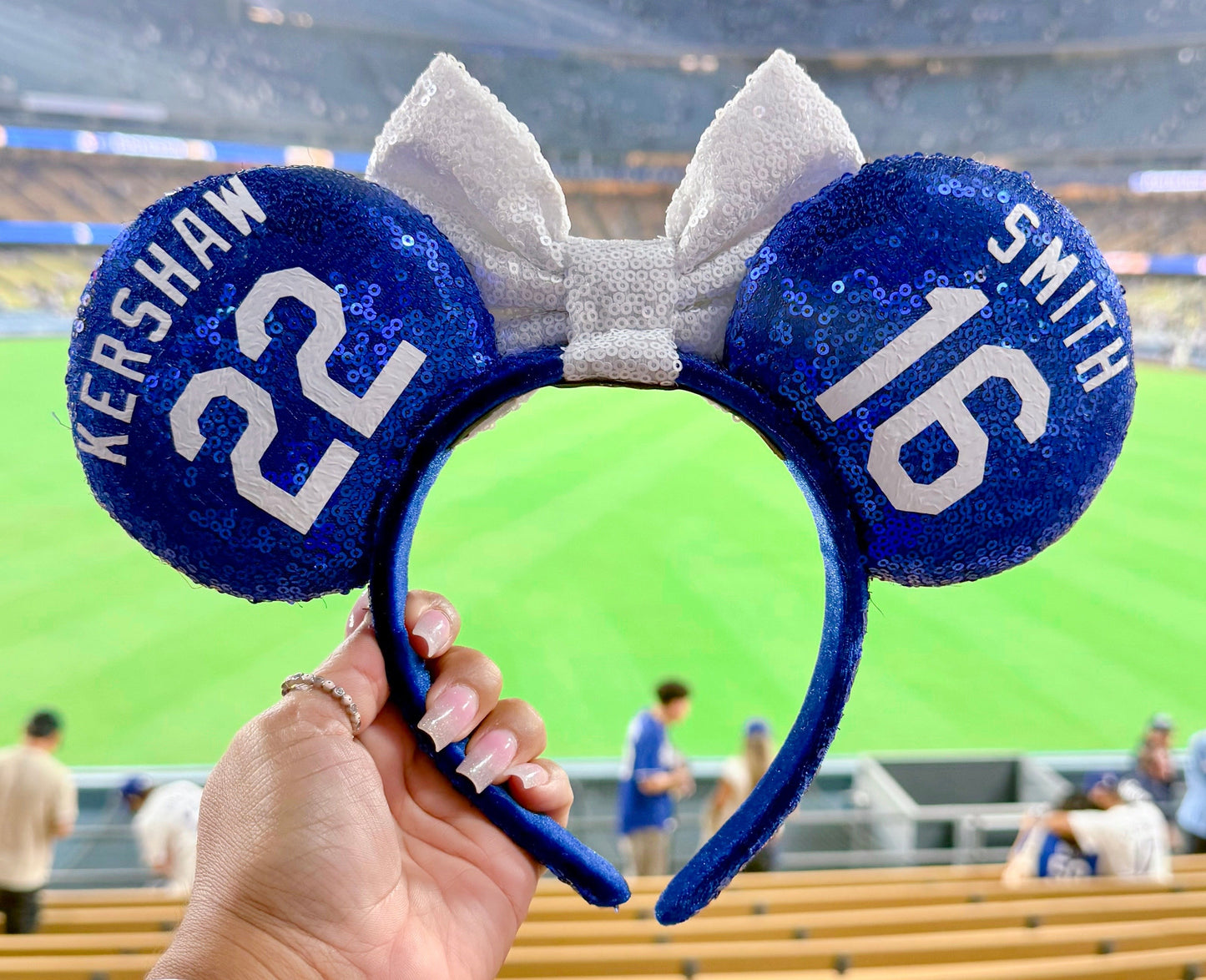 LA Boys in Blue Ears w/ White Baseball Bow