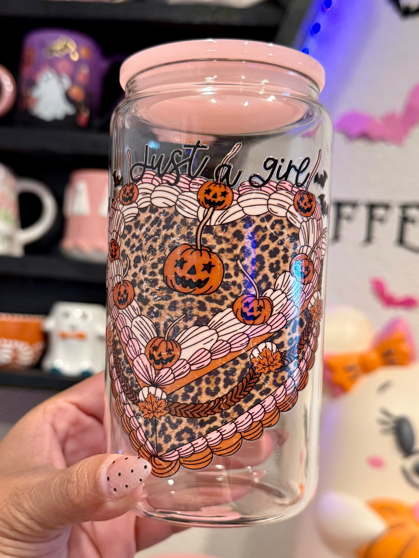 Just a Girl Halloween Cake 16oz glass can cup