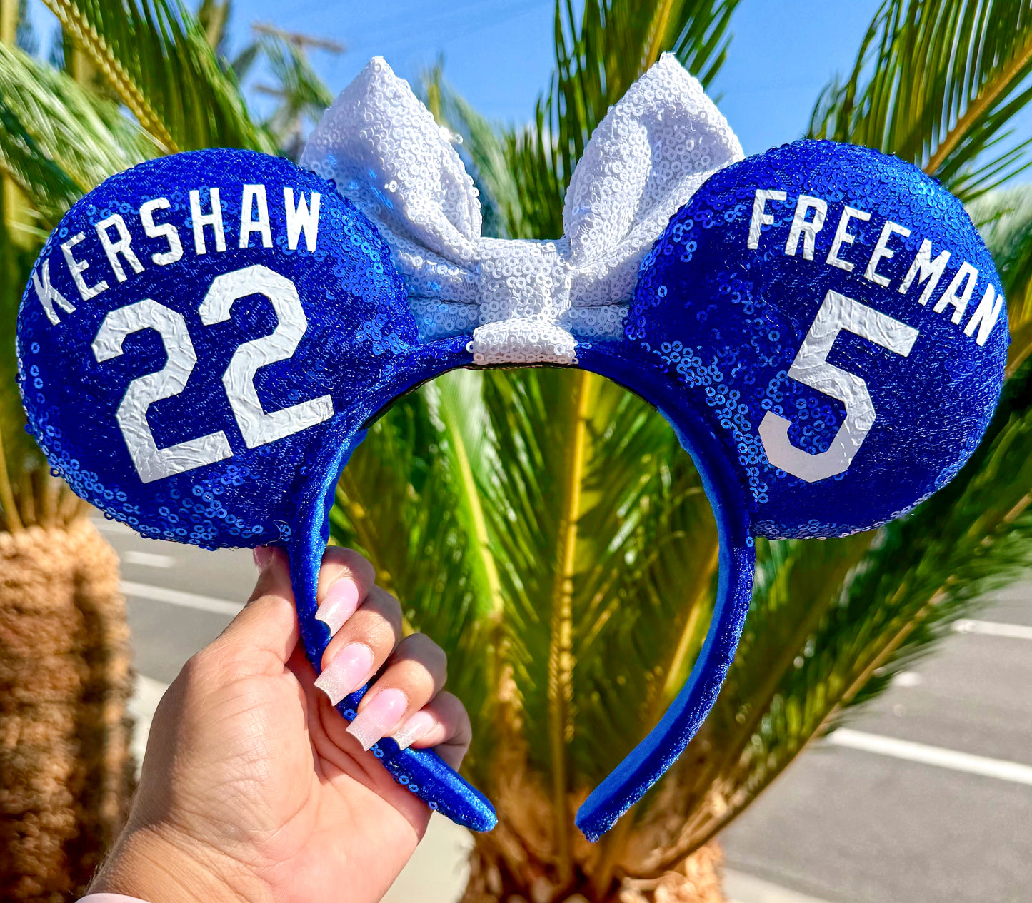 LA Boys in Blue Ears w/ White Baseball Bow