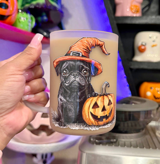 Witchy Pug 16oz frosted glass mug