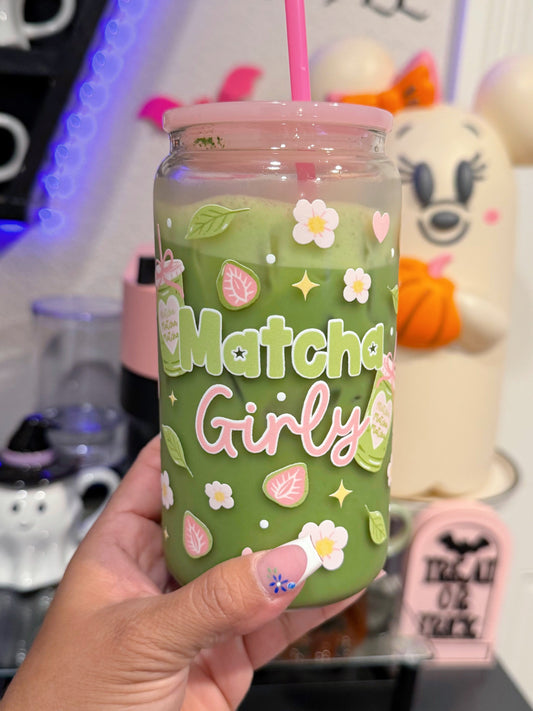 Matcha Girly 16oz glass can cup