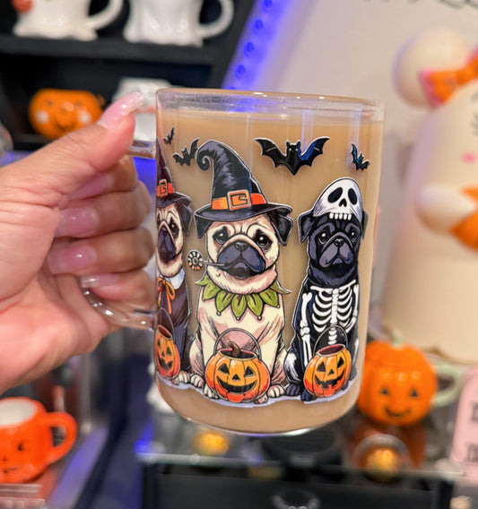 Halloween Pugs 16oz frosted glass mug