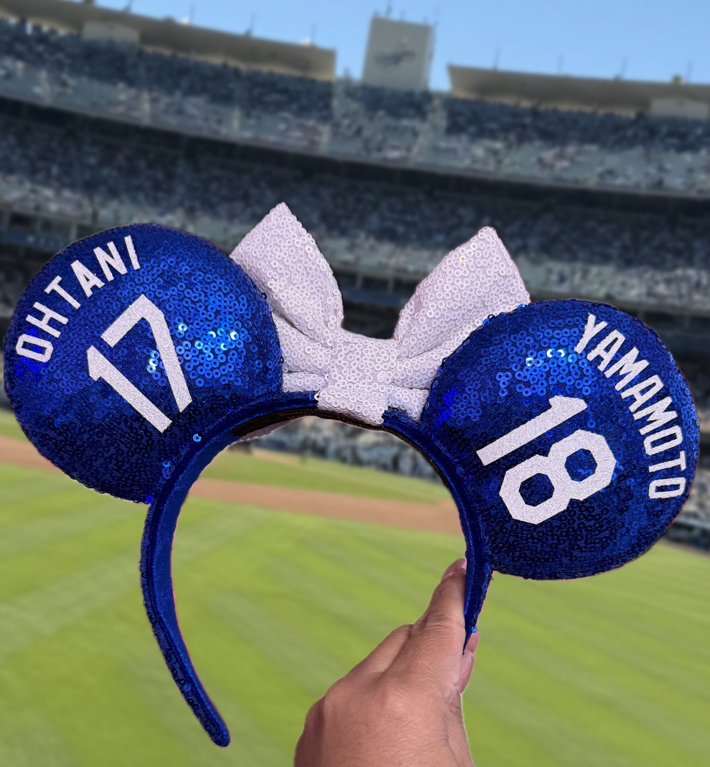 LA Boys in Blue Ears w/ White Baseball Bow